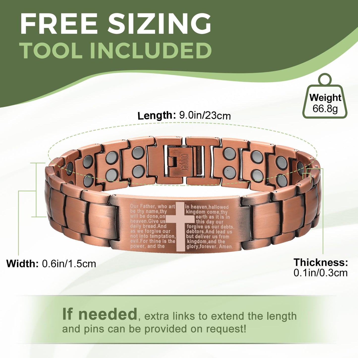 MagEnergy Copper Bracelet for Men, Cross Copper Magnetic Bracelet with Ultra Strength Magnets, Adjustable Link Jewelry Box Gift (Sizing Tool)