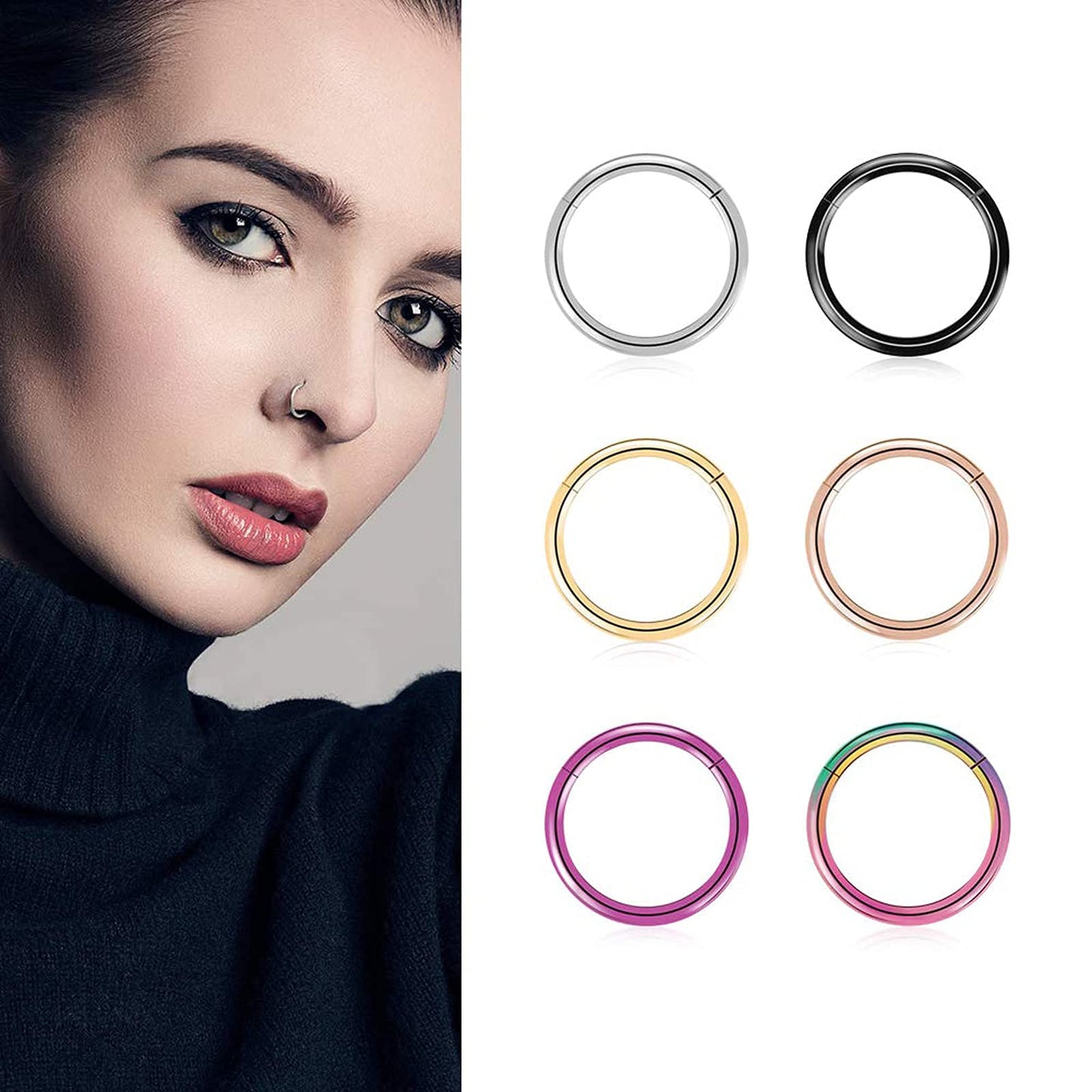 BOGKU 6pcs G23 Titanium Hinged Nose Rings Hoop 14 Gauge 9mm Nose Septum Clicker Segment Rings Cartilage Conch Tragus Helix Rook Hoop Earring Body Piercing Jewelry