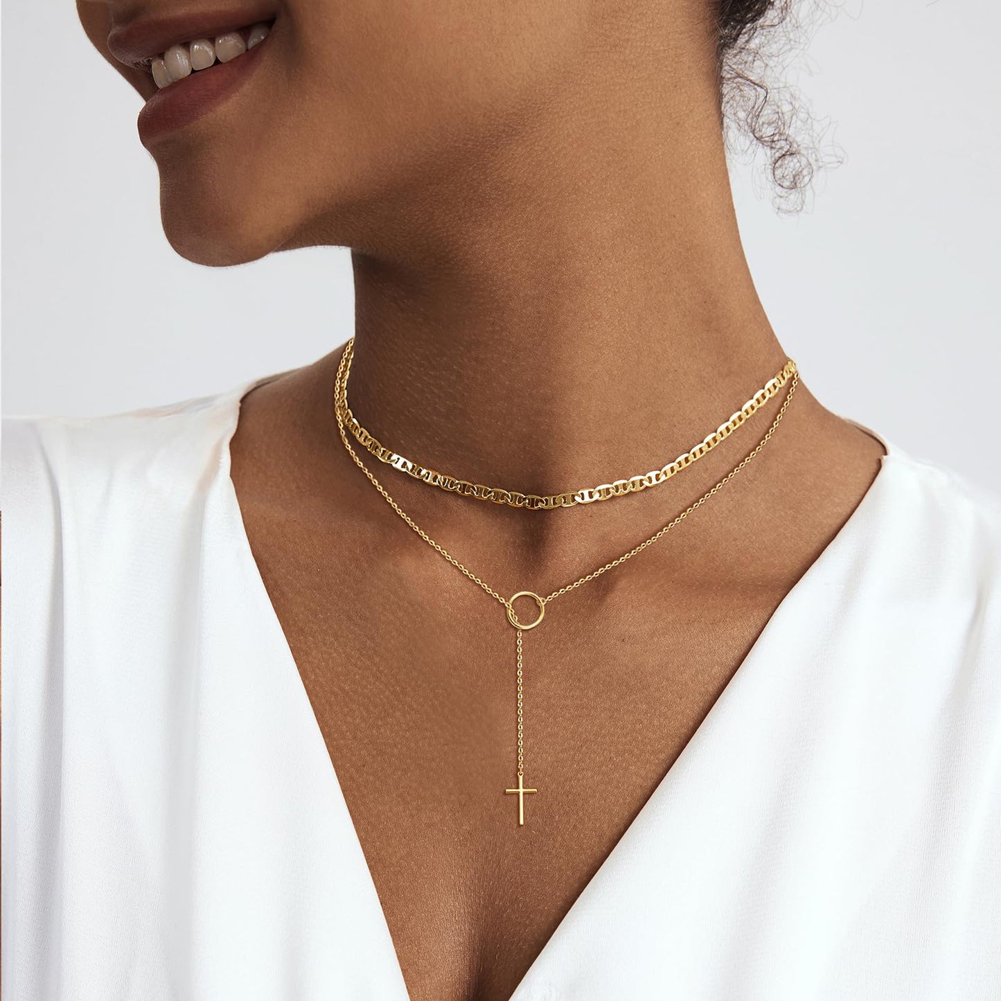 HAXIYA Gold Cross Necklace for Women 14K Gold Plated Choker Cross Pendant Long Necklaces Mariner Chain Layered Minimalist Simple Tiny God Lords Prayer Religious Jewelry