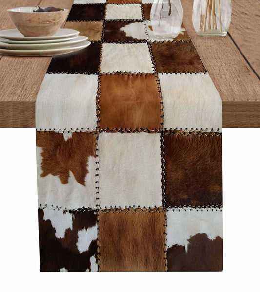 Western Style Cowhide Leather Animal Hair Vintage Splicing Grid Table Runner Dresser Scarves, 13x48In Non-Slip Table Dress Scarf Wildlife Kitchen Dinner Tables Decor for Dining Room/Banquet/Party