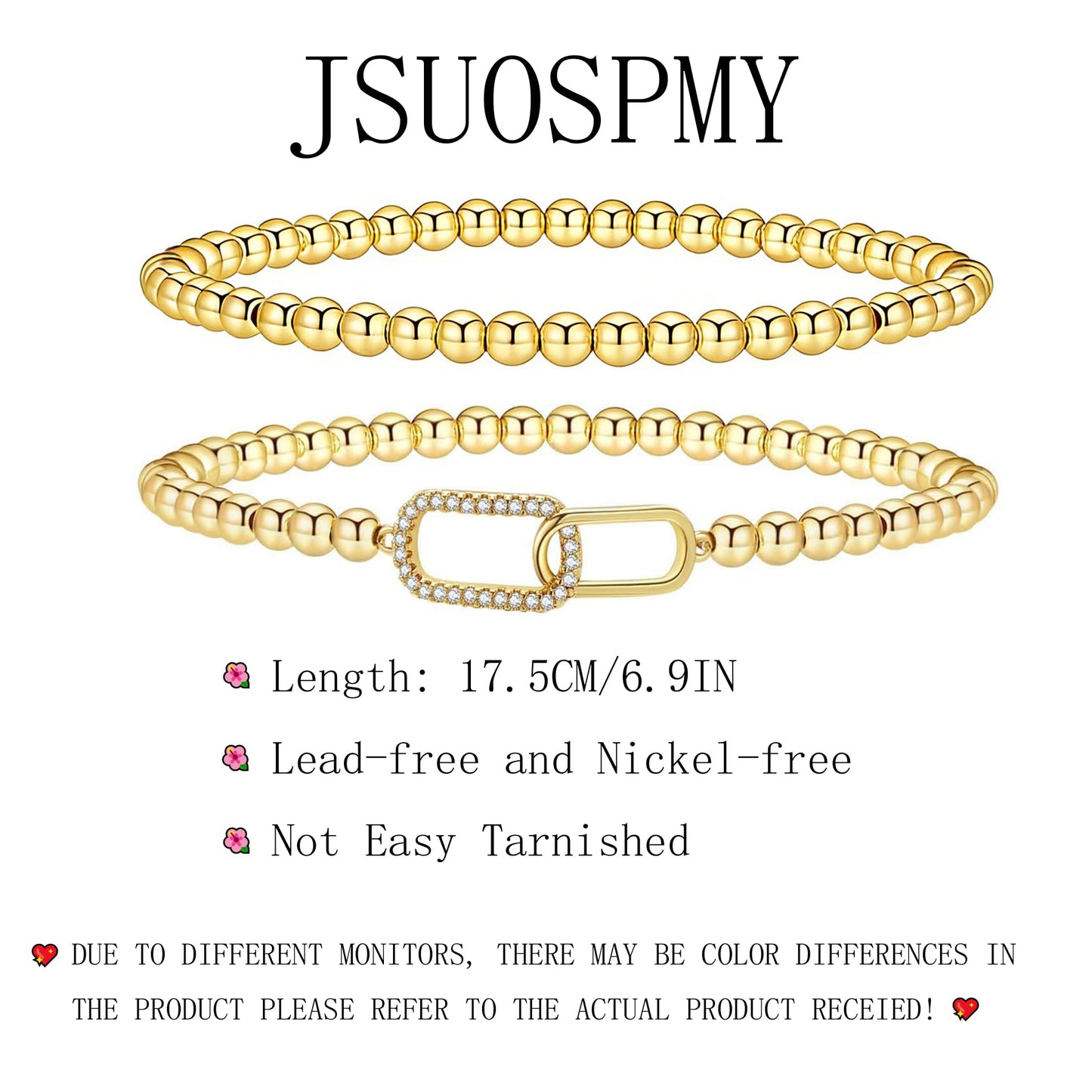Gold Beaded Bracelets for Women 14K Gold Zirconia-square Bracelet Handmade Stackable Bracelets for Women Trendy Non Tarnish Bracelet Jewelry Gift for Womens 2Pcs (04.Zirconia-square+Beaded (Gold))
