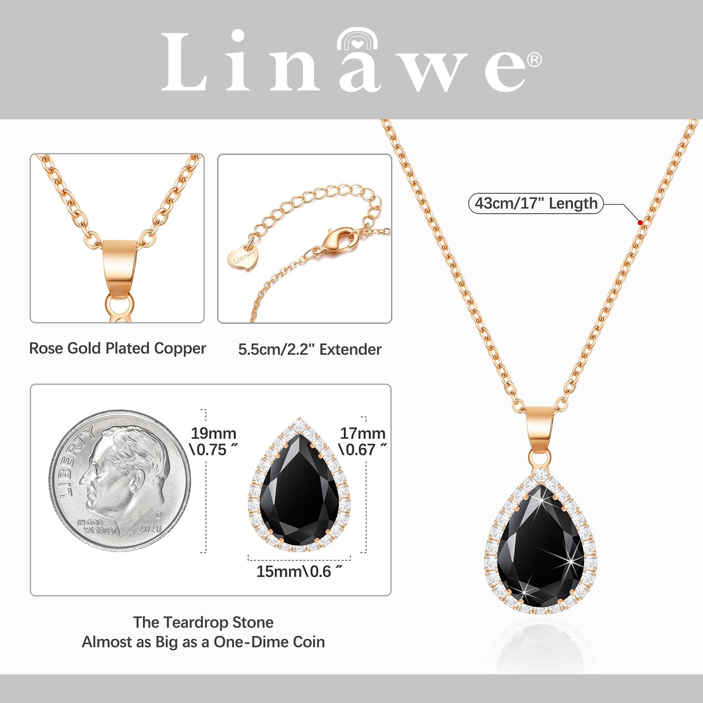 Linawe Black Crystal Chain Necklace for Women Rose Gold, Imitation Diamond Pendant Boho Cubic Zirconia Birthstone Rhinestone Teardrop Necklace, Preppy wedding Costume Jewelry Set