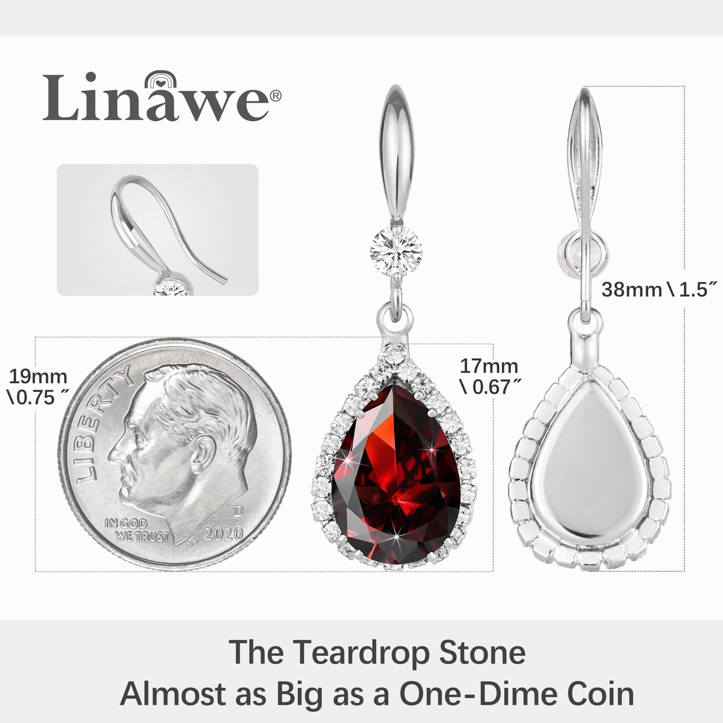 Linawe Silver Red Imitation Diamond Dangle Earrings for Women Trendy, Ruby Rhinestone Cubic Zirconia Crystal Teardrop Earrings, Wedding Bride Bridesmaids Birthstone Jewelry