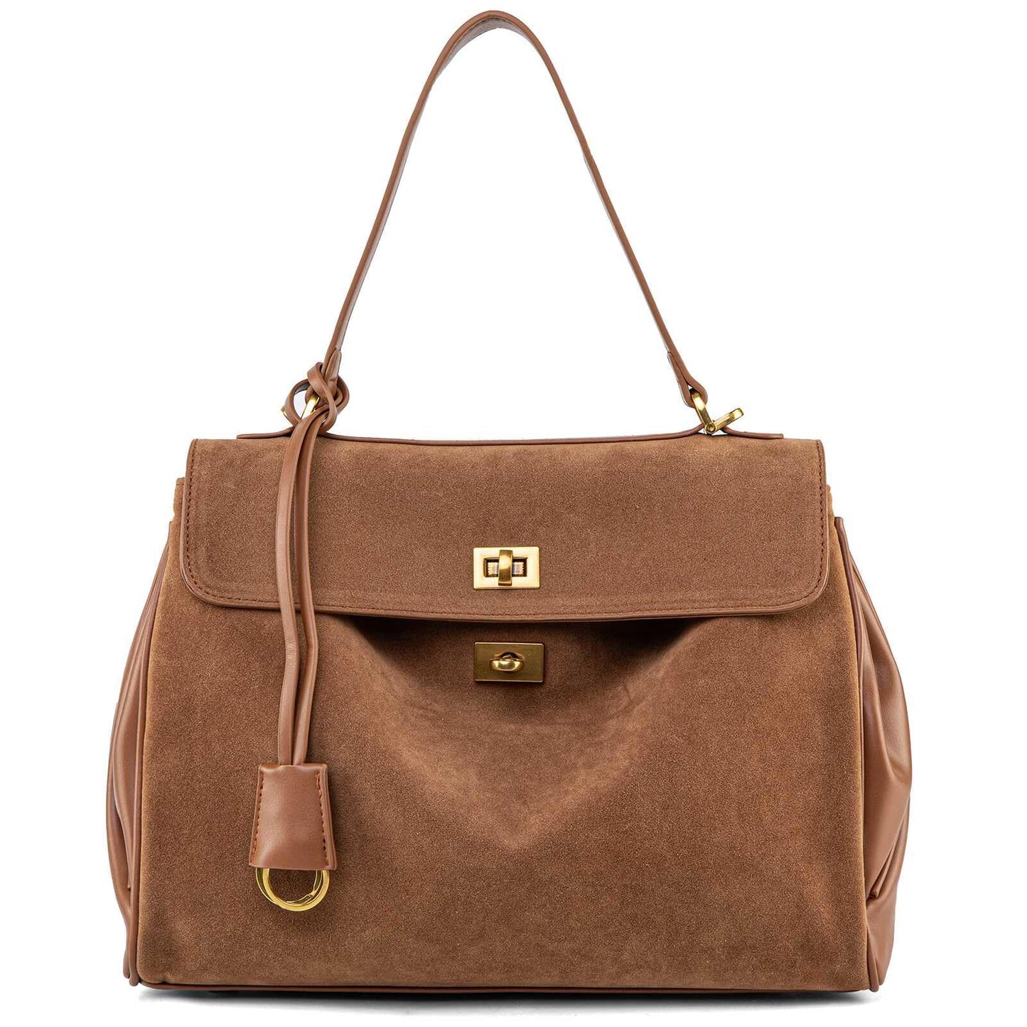 NGGU Suede & Leather Tote Bag for Women,Soft Leather Shoulder Handbags for Ladies,Satchel Purse for Travel Work & Medium & Brown Suede & Gold Clasp