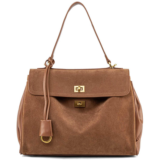 NGGU Suede & Leather Tote Bag for Women,Soft Leather Shoulder Handbags for Ladies,Satchel Purse for Travel Work & Medium & Brown Suede & Gold Clasp