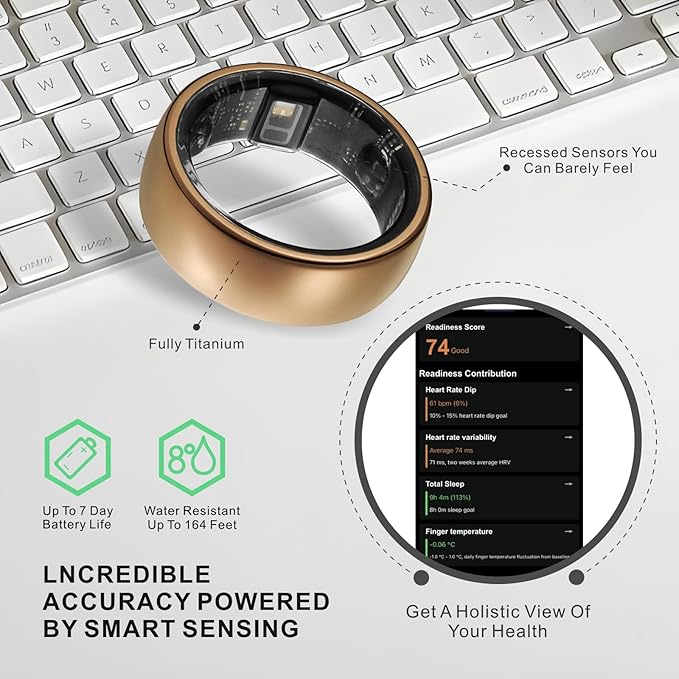 Smart Ring, Activity Trackers, Sleep Ring, Fitness Tracking, Stress Tracker, Heart Rate, Meditation, Temperature, Respiratory, No App Subscription, Women, Men, iOS, Android (Rosegold, 6)
