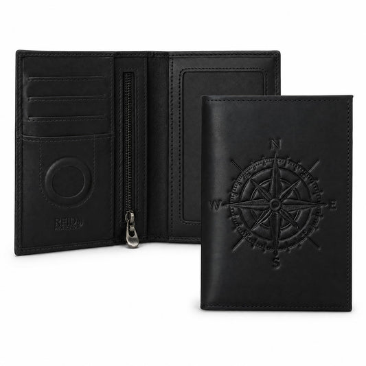 Mewpurrs Men’s Passport Wallet with AirTag Holder, Compass Pattern Genuine Leather RFID Blocking Travel Wallet with Zipper Pocket, Card Slots, Pen Holder, Slim Passport Holder for Men - Balck