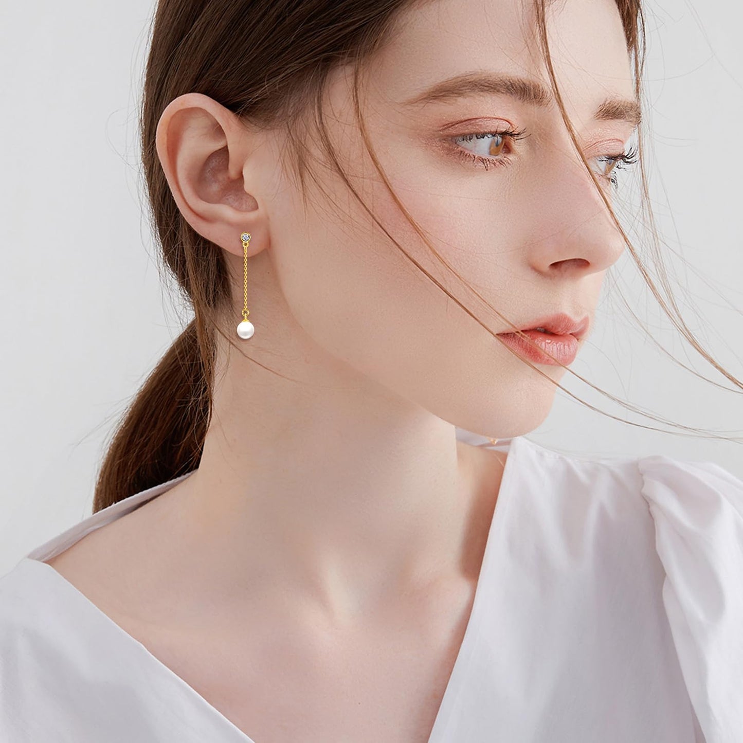 POPLYKE Pearl Drop Earrings Sterling Silver Threader Pearl Long Chain Earrings Jewelry Gifts for Women Wedding Bridesmaids(Yellow Gold)