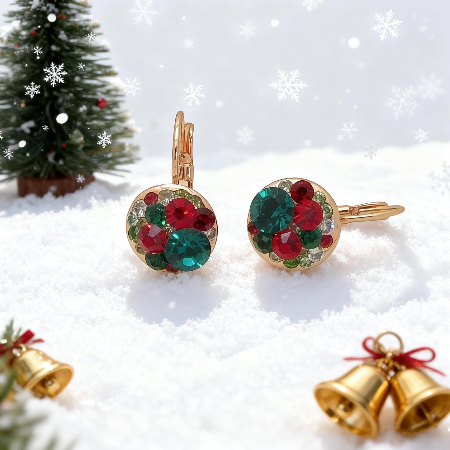 Multicolored Austrian Crystal Leverback Earrings for Women 14K Gold Plated Dangle Hoop Earrings Hypoallergenic Jewelry (Green Red Main Crystals/Christmas Glow)
