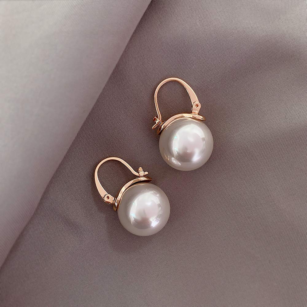 OwMell Elegant 925 Sterling Silver Pearl Drop Earrings Dangle Stud Gold Plated Earrings for Women Large Size 12mm - Gold