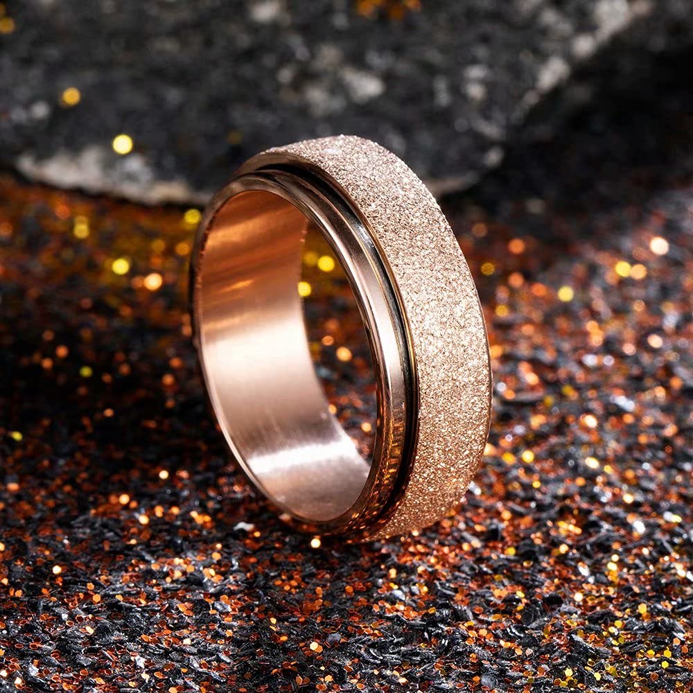 King Will Men's Fidget Ring Rose Gold 8mm Stainless Steel Spinner Ring for Men Women Stress Anxiety Relief Rotating Ring Finger Sand Blasted Comfort Fit Unisex Adults 10