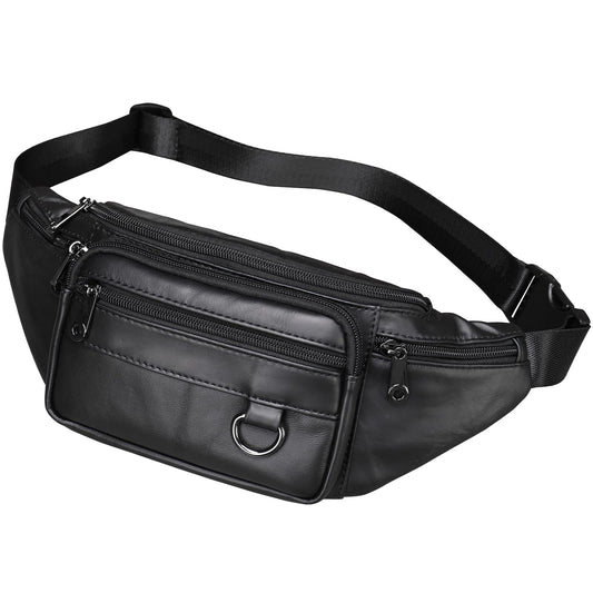 Genuine Leather Fanny Pack HandMade Durable cowhide Waist Bag Lots of Anti-theft zipper pocket Black