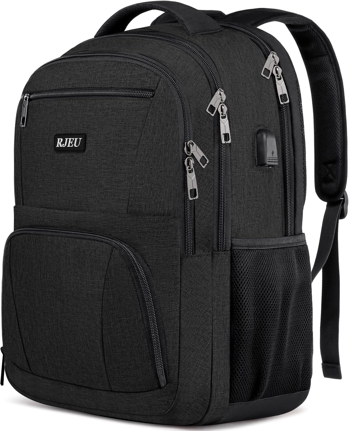 RJEU School Backpack for Teen Boys & College Students - 17.3 Inch Laptop Backpack with USB Charging Port, Anti-Theft Water Resistant Large Bookbag for Men, Travel & Work, Black