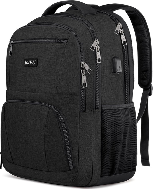 RJEU School Backpack for Teen Boys & College Students - 17.3 Inch Laptop Backpack with USB Charging Port, Anti-Theft Water Resistant Large Bookbag for Men, Travel & Work, Black