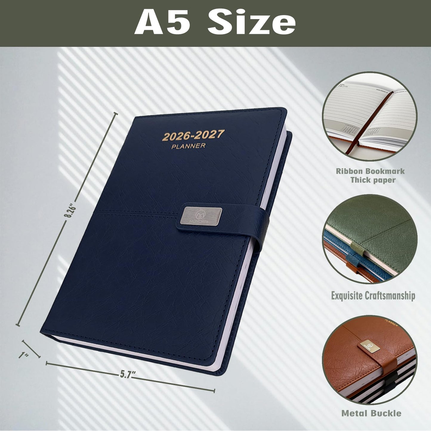 2026-2027 Daily Planner - One Page per Day, 2026-2027 Hourly Daily Calendar(July 2026 - June 2027), 5.7" x 8.26" Appointment Book, Leather Cover + Thick Paper (26-27 Navy Blue)