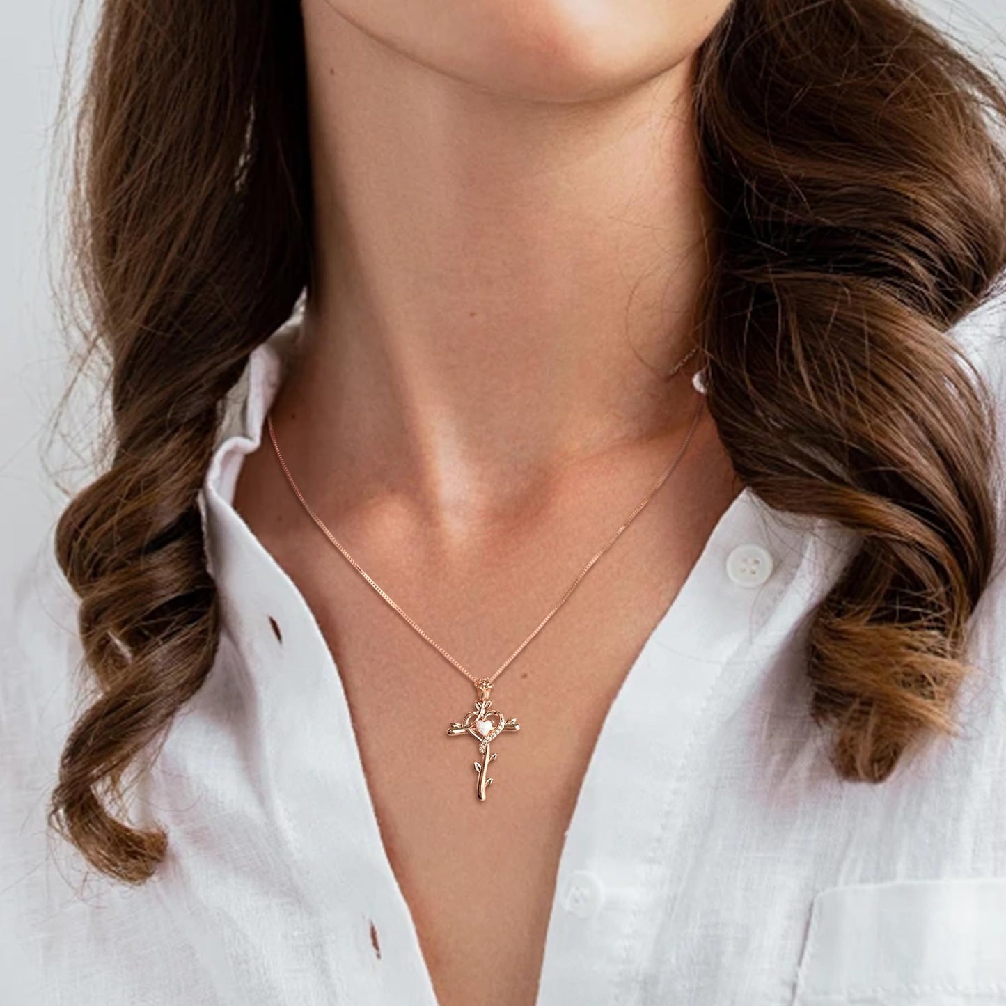 STARCHENIE Rose Cross Necklace, 925 Sterling Silver 14K Rose Gold Plated, Created Opal Heart Pendant, Crucifix Jewelry Gift for Women