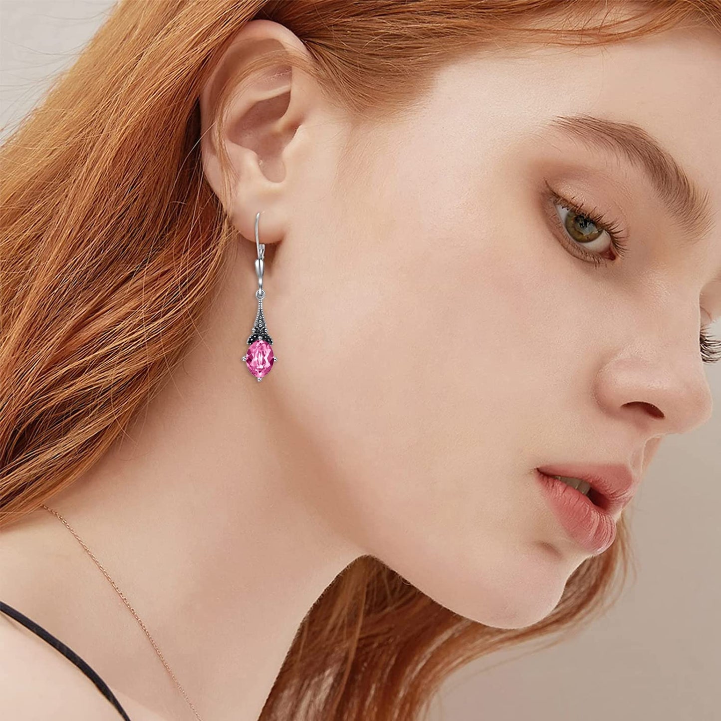 Pink October Birthstone Vintage Leverback Earrings Sterling Silver Retro Drop Dangle with Crystal, Birthday Jewelry Gifts for Women