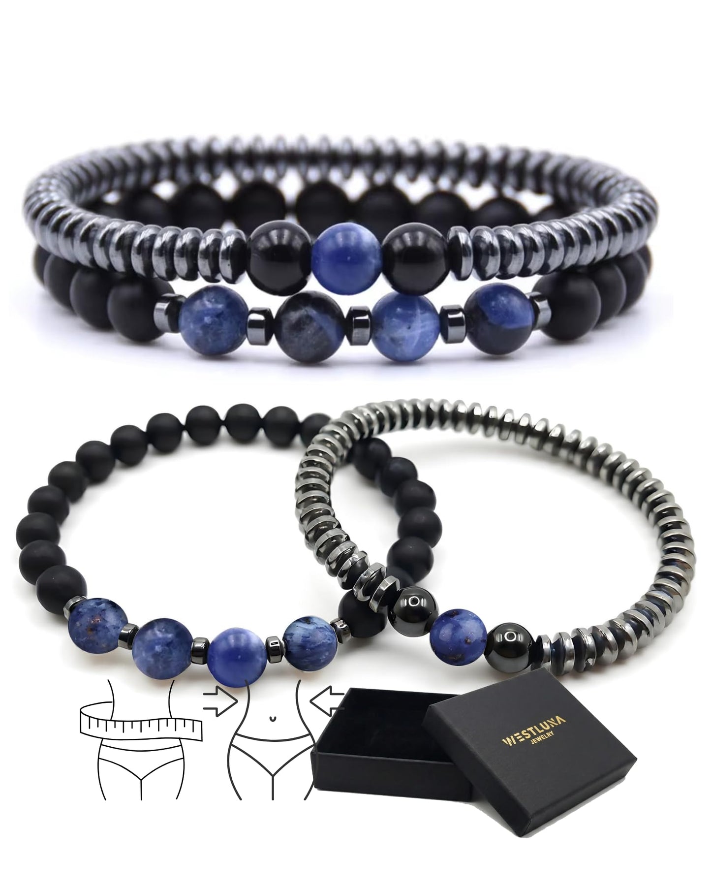 WestLuna Magnetic Hematite Bracelet for Women Men, Adjustable Magnetic Healing Black Obsidian Sodalite Stone Beaded Bracelets, Slimming Crystal Chakra Energy Bracelet Gift (Sodalite, Medium)