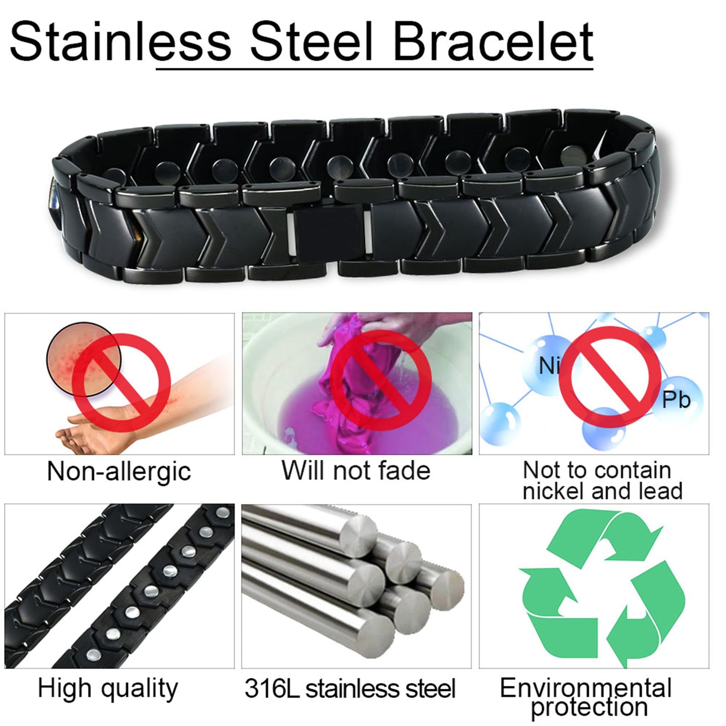 KYOSI Black Mens Magnetic Bracelet Stainless Steel Strength Magnetism Bracelets for Men 3500 Gauss Magnets Jewelry 8.66 inches Christmas Mens Gift