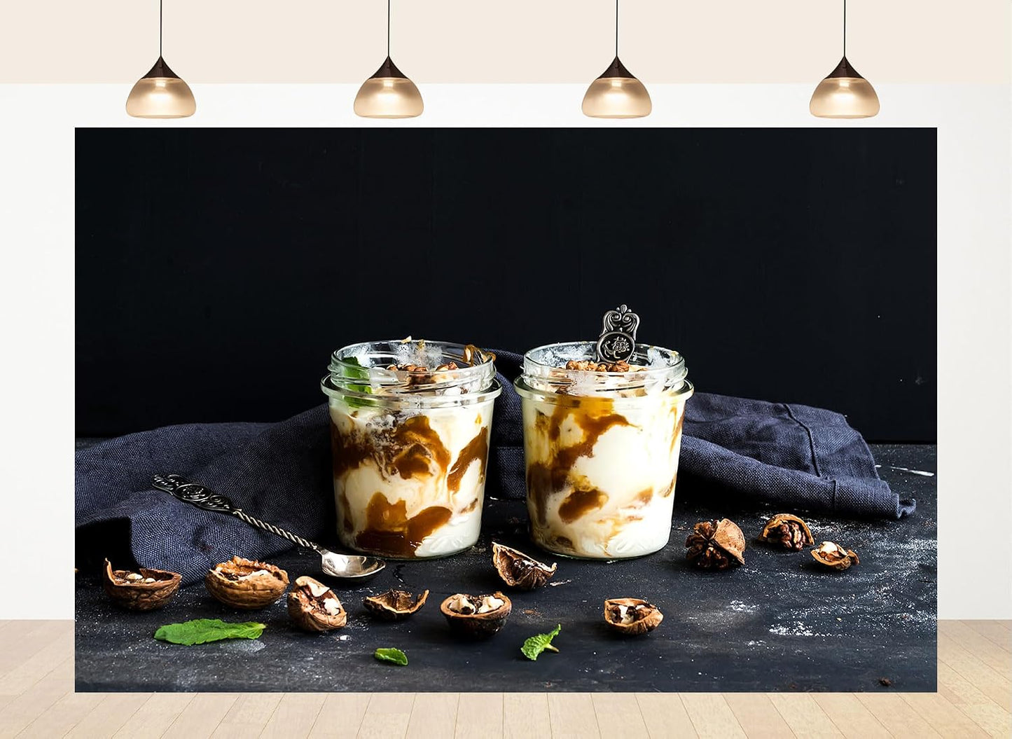 LidyMini 10x10ft Fabric Yogurt Parfaits with Caramel and Walnuts Backdrop Dark Moody Surface Mint Leaves Photography