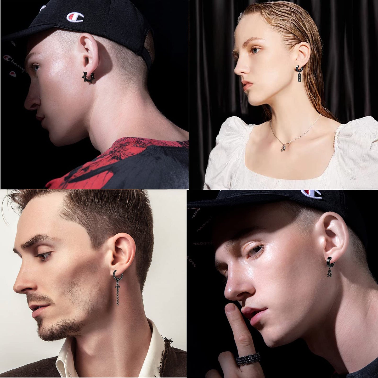 14 Pcs Black Punk Stainless Steel Fake Piercing Cross Dagger Sword Spike Rivet Triangle Dangle Tassel Clip on Hoop Earrings Set for Women Men, Non Pierced Fake CZ Stud Earrings