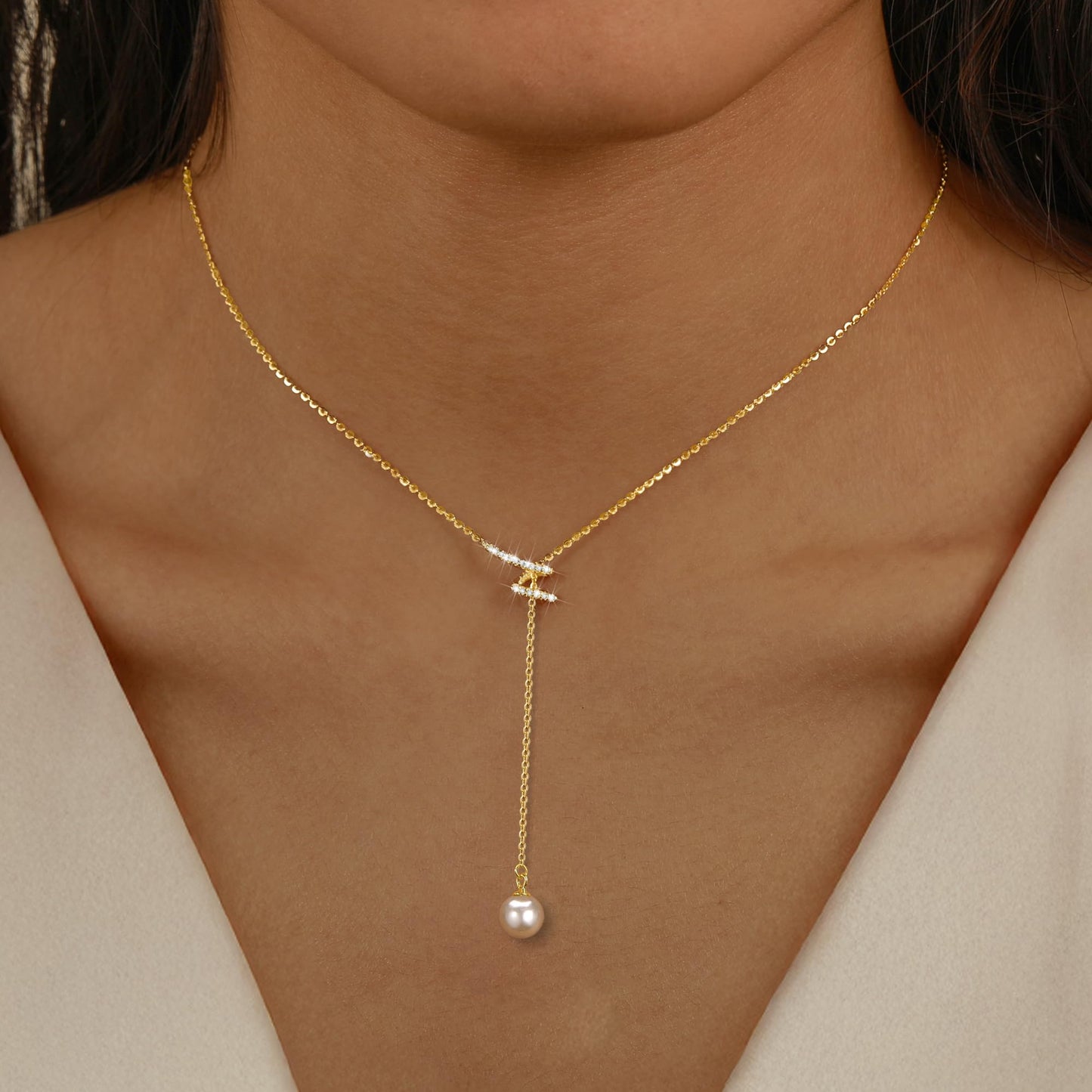 Gold Lariat Necklace for Women,Dainty Long 14K Gold Plated Y-Shaped Pearl Necklace 925 Sterling Silver Cubic Zirconia Crystal Ball Sparkle Necklace for Mother Daughter Wedding Mother's Day Jewelry Gifts