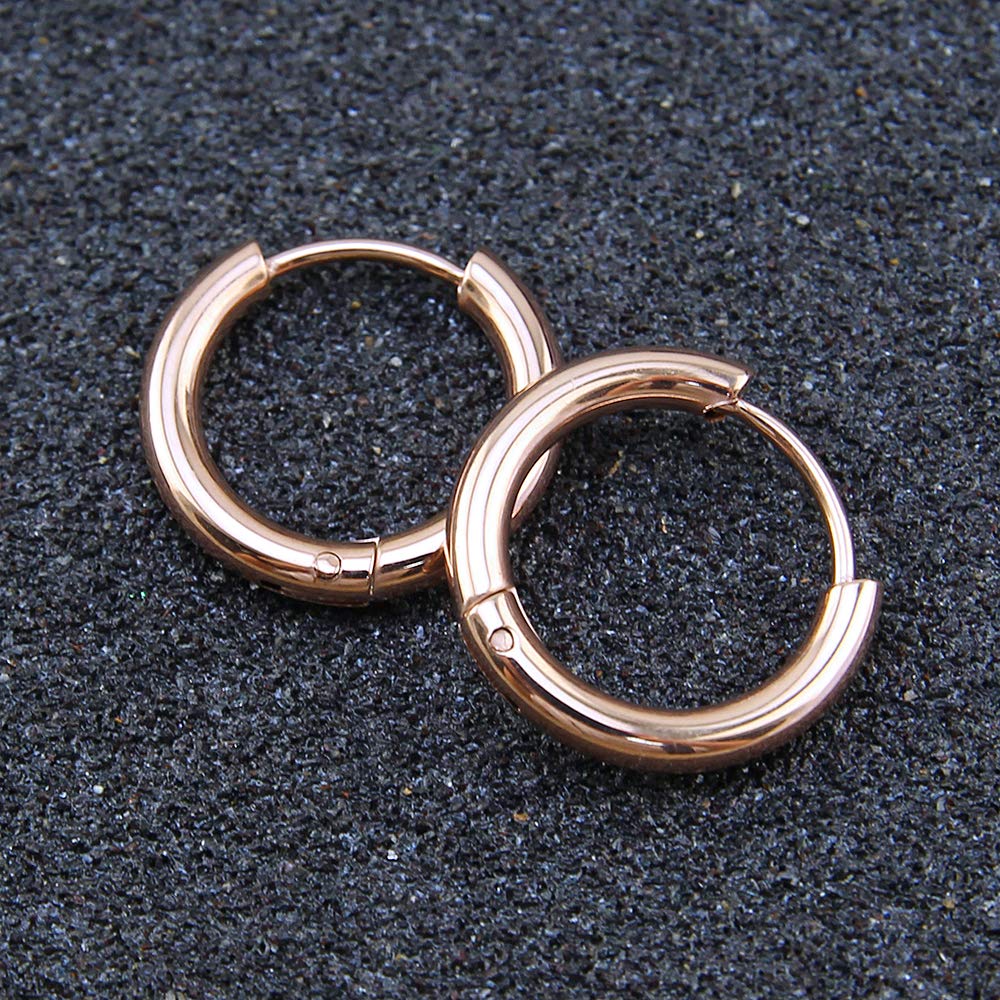 316L Surgical Stainless Steel Huggie Hoop Earrings 12mm Rose Gold Hypoallergenic Earrings Hoop Cartilage Helix Lobes Hinged Sleeper Earrings For Men Women (E04:12mm Rose Gold(THK 2.0mm))