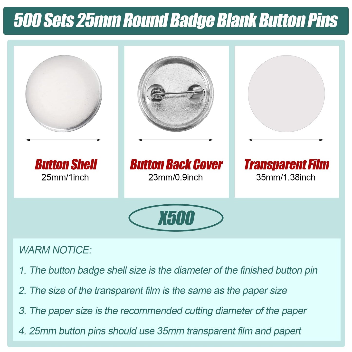 1500 Piece 25 mm/1 Inch Button Making Supplies Kit - Round Badge Blank Button Pins, Metal Parts, Including Cover and Clear Film