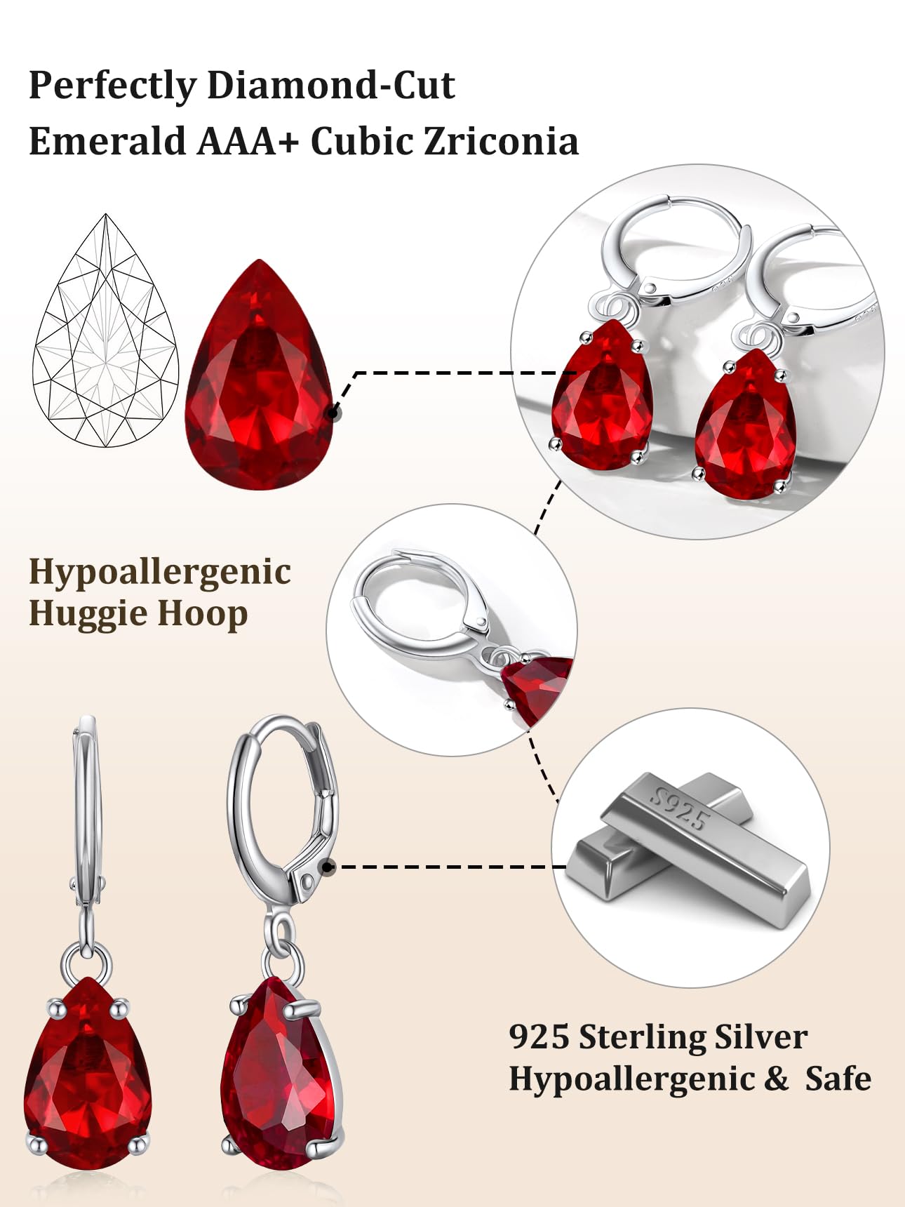 Bestyle Sterling Silver Teardrop January Dangle Drop Birthstone Earrings - Sparkle Red Garnet Earrings for Women Dangling -Small Silver Huggie Hoop Earrings For Women