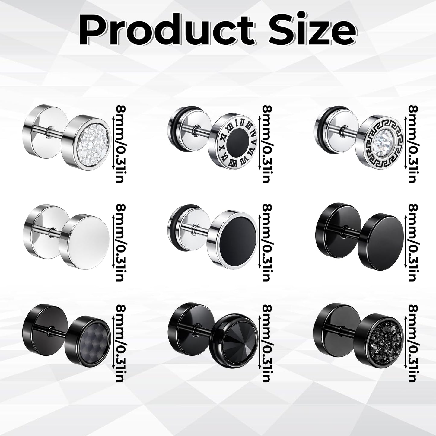 JJUNW 9Pairs Fake Gauge Earrings|, Earrings Studs Round Faux Gauges, Stud Earrings Stainless Steel Illusion Tunnel Plug for Women Men
