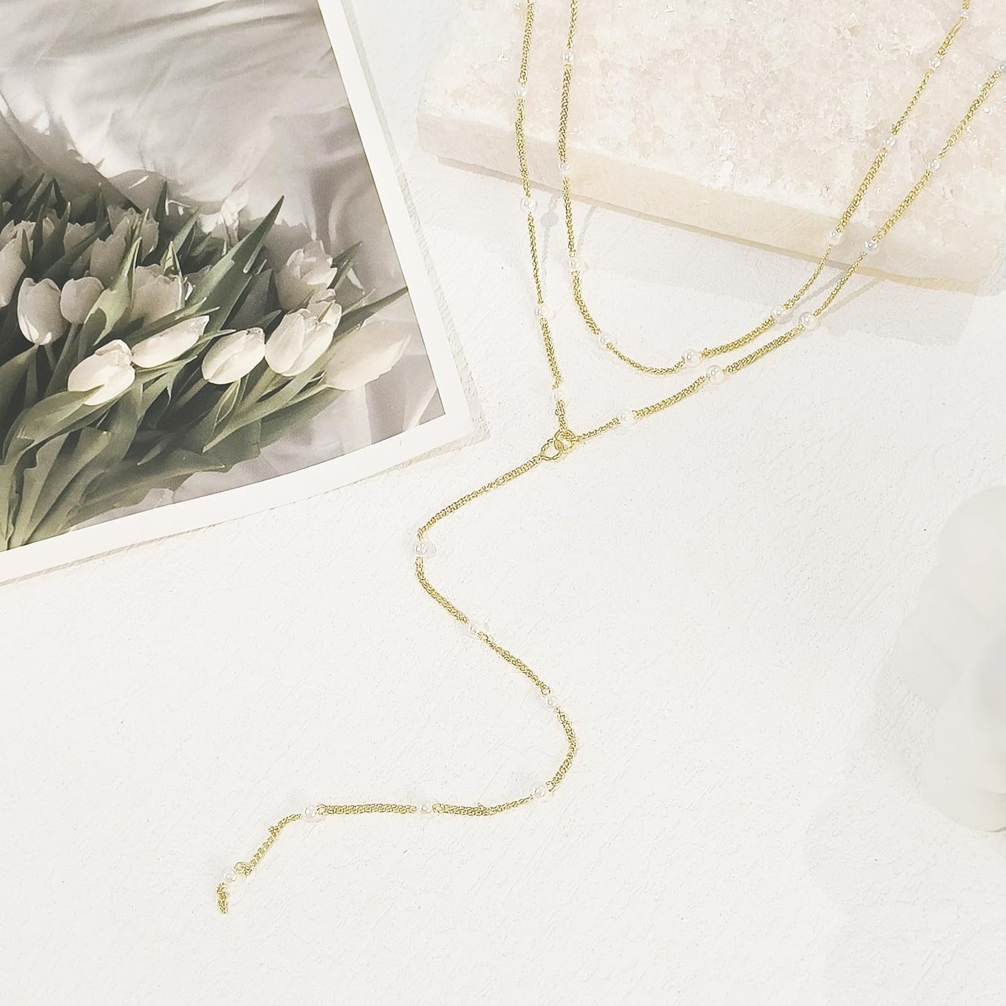HERIER Gold Necklaces for Women Dainty 14k Gold Plated Long Necklaces for Women Trendy Layered Pearl Necklace Simple Lariat Y Pearl Jewelry Gifts