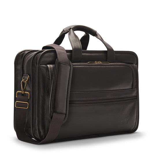 Solo New York Briefcase - Laptop Carrying Bag for Women & Men, Brief for Travel & Work, Padded Shoulder Strap, Premium Leather Body, Fits 15.6" Computer - Espresso