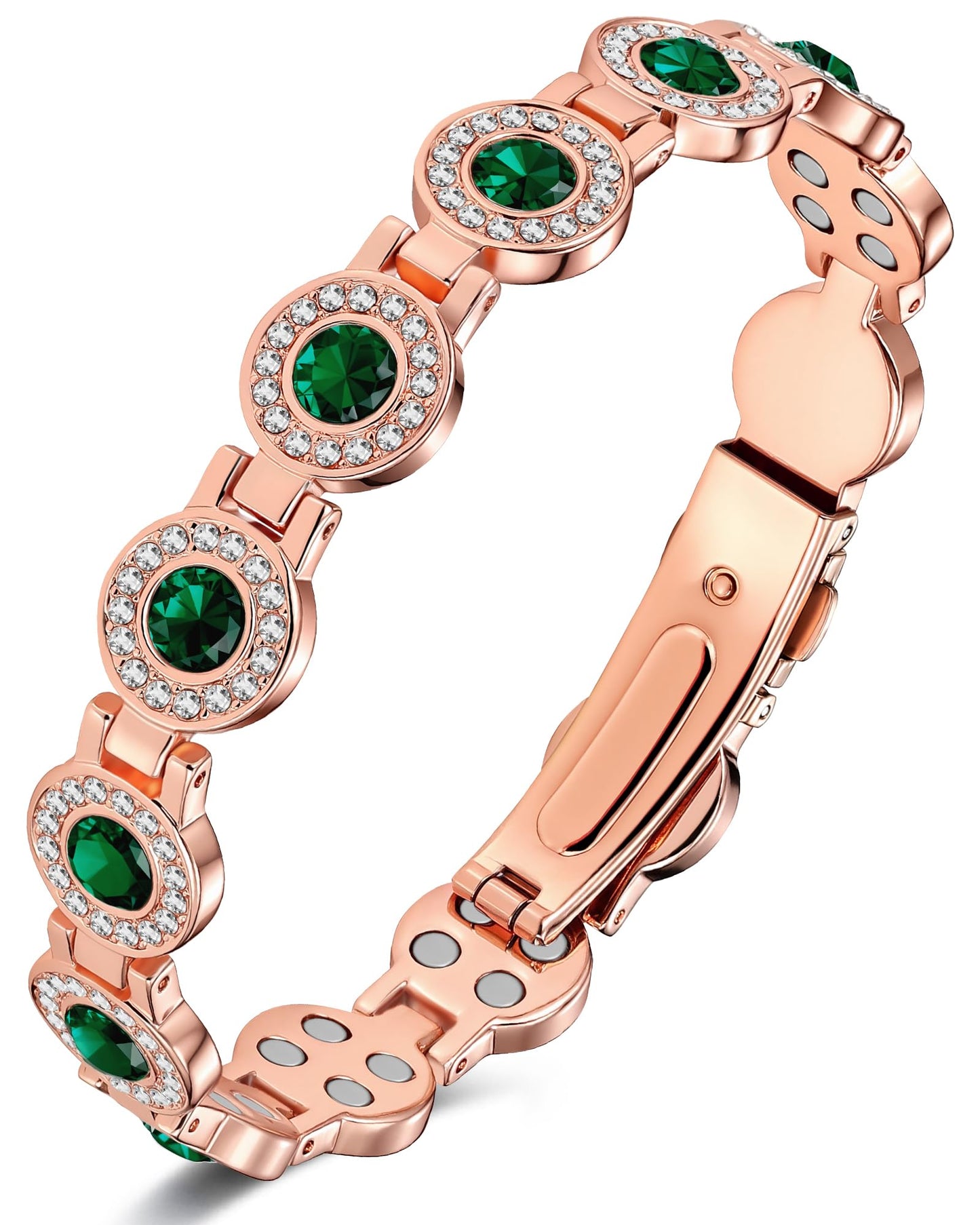 Feraco Pure Copper Bracelets for Women, 4X Ultra Strength Magnetic Bracelet with 3800 Gauss Neodymium Magnets & Sparkling Austrian Cut Emerald Crystals, Adjustable Jewelry Gift