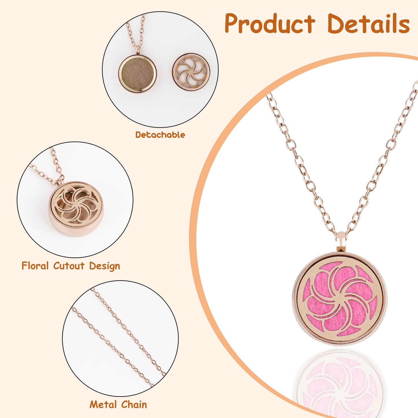 Biiange Aromatherapy Essential Oil Diffuser Necklace, Essential Oil Necklace, Essential Oil Diffuser Necklace for Women, with 8 Refill Pads and 20 Inch Adjustable Chain, for Women, Girls (Bauhinia)