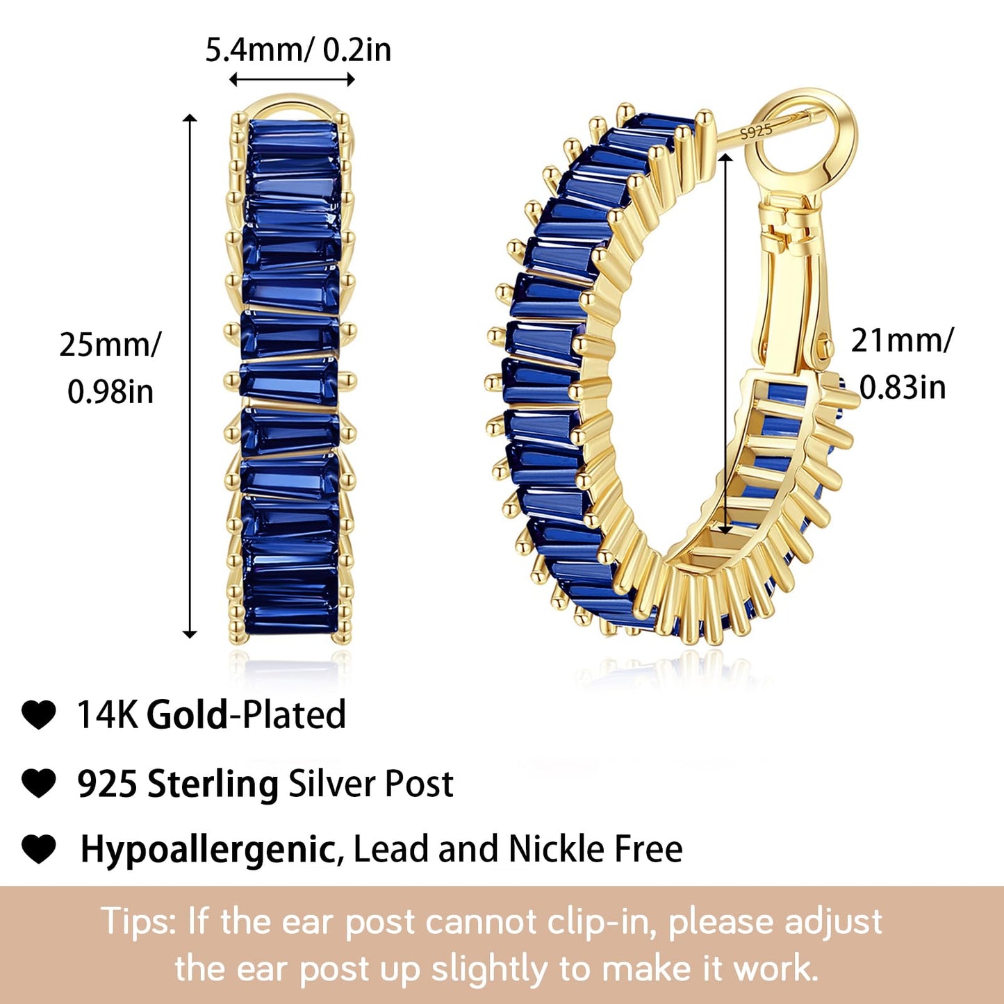 GLOQUAT Gold Blue Sapphire Hoop Earrings 14K Gold Plated Sapphire Earrings for Women Vintage Baguette Cubic Zirconia Hoop Earring Fashion Round Circle Hoops Blue Jewelry for Women 25mm