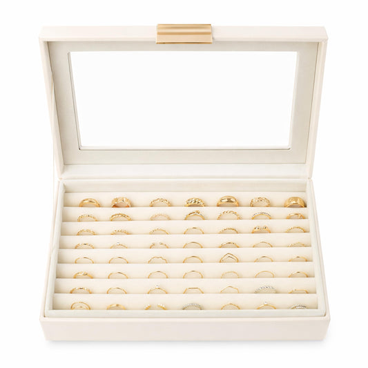 Ring and Earring Jewelry Display Box – Holds Up to 80 Rings, Faux Leather Jewelry Box with Velvet Interior and Clear Viewing Lid for Ring Organizer and Display