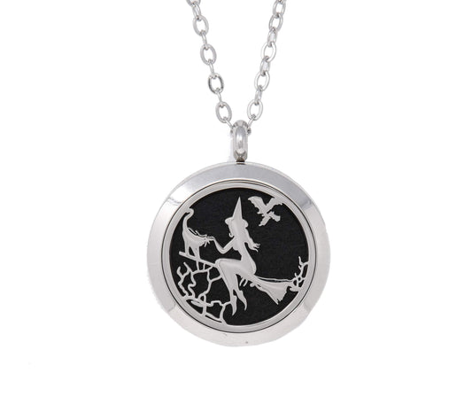 Aromatherapy Essential Oil Diffuser Stainless Steel 30MM Silver Magnetic Locket Pendant 2 Sizes Chain Necklace, Refill Pads & Diffuser Bracelet in a Velvet Bag (Witch)