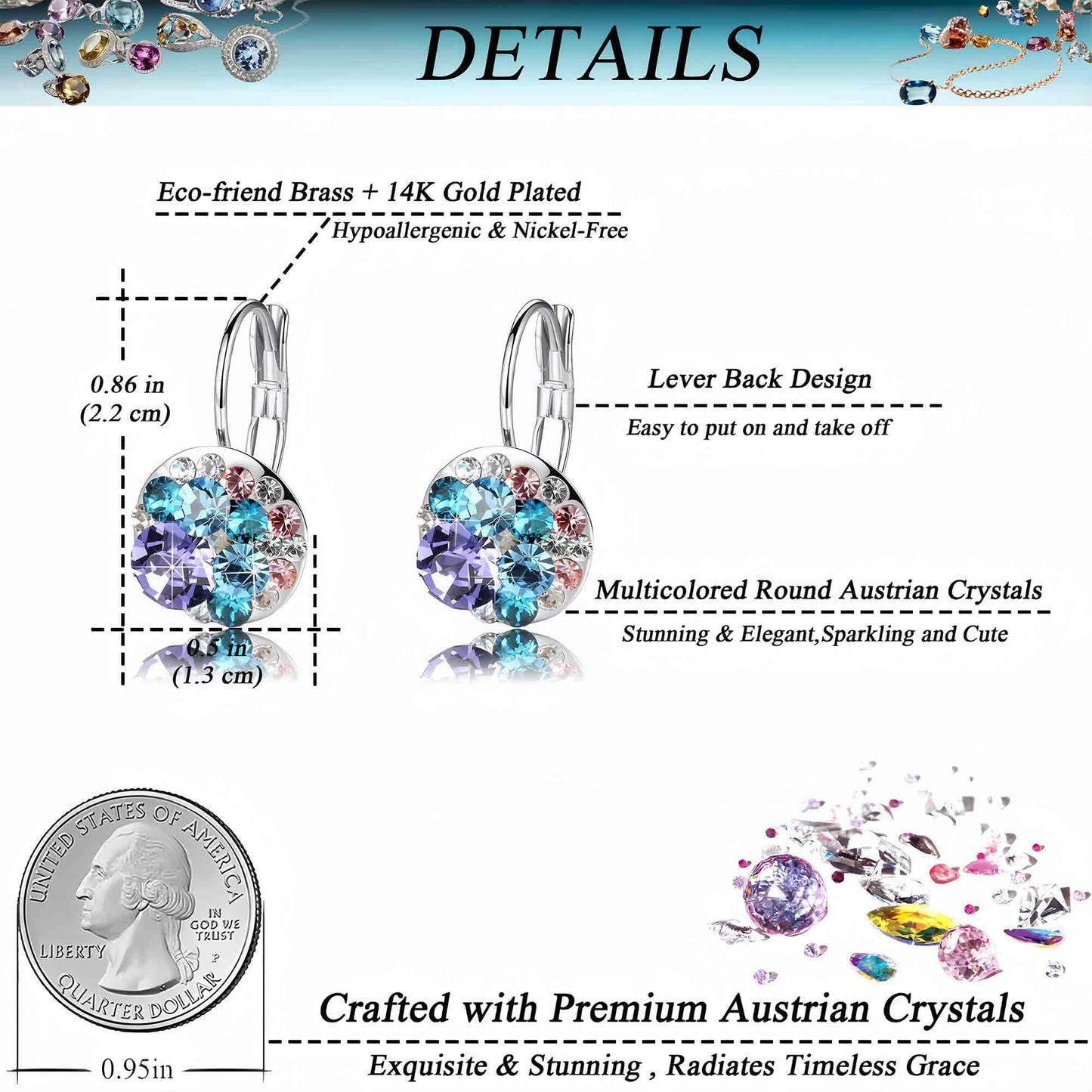Multicolored Austrian Crystal Drop Earrings for Women 14K Gold Plated Hypoallergenic Leverback Dangle Earrings (Purple Main Crystal/Silver-tone)