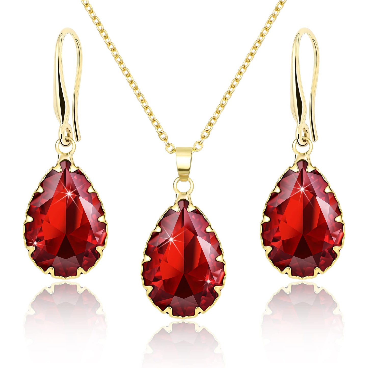Linawe Ruby Crystal Wedding Jewelry Sets for Women, Garnet Imitation Diamond Pendant Necklace Set, Gold Drop Dangle Red Earring Set, Boho Teardrop Rhinestone Birthstone Jewelry Set