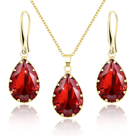Linawe Ruby Crystal Wedding Jewelry Sets for Women, Garnet Imitation Diamond Pendant Necklace Set, Gold Drop Dangle Red Earring Set, Boho Teardrop Rhinestone Birthstone Jewelry Set