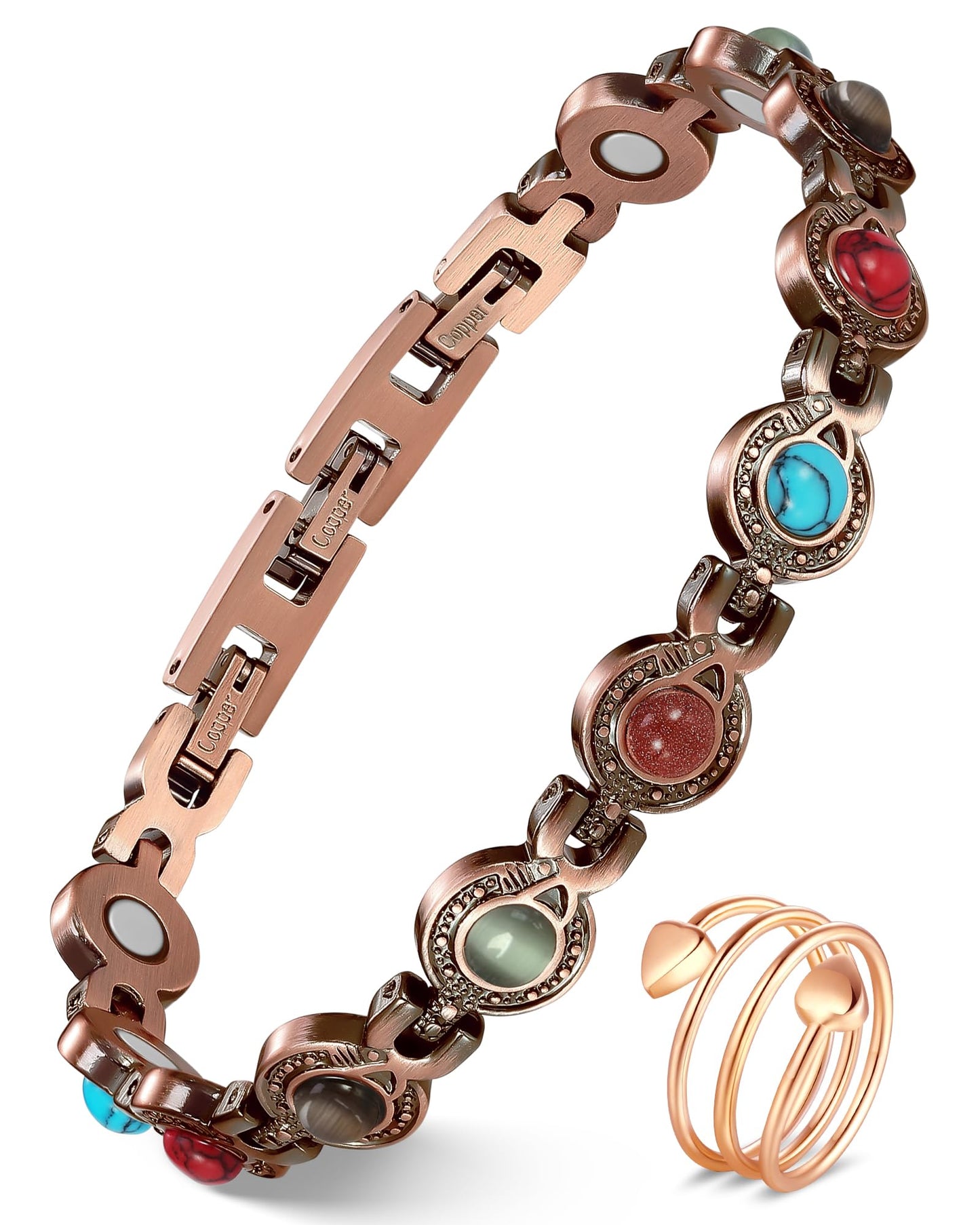 Feraco Pure Copper Bracelets & Rings for Women, Ultra Strength Magnetic Bracelet with 3800 Gauss Magnets & Natural Turquoise & Stones, Adjustable, Jewelry Gift (Circular)
