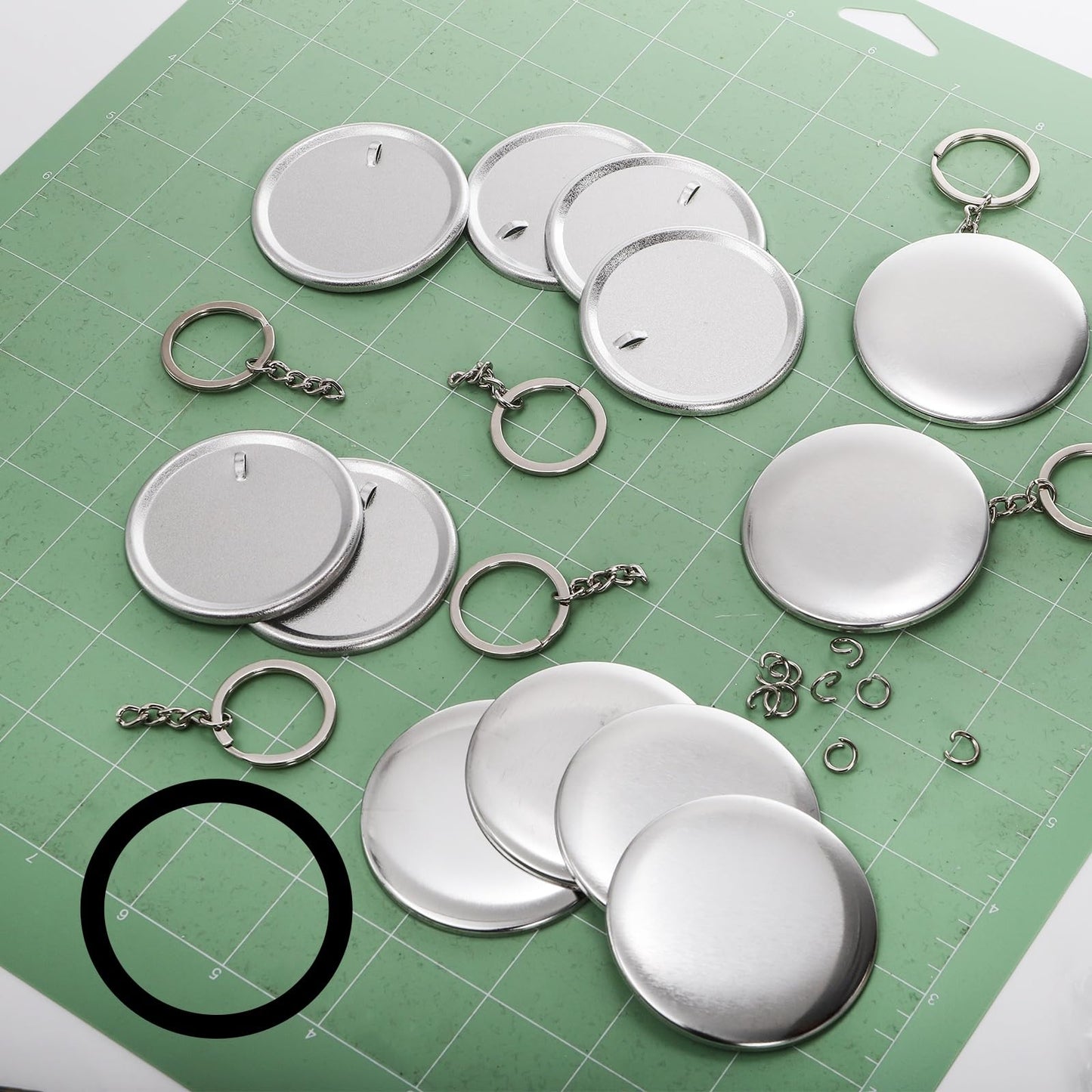 ZAVOOS 100 Pack Button Maker Keychain Supplies, 58 mm / 2.25 Inch Metal Keychain Making Kit for Button Maker Machine, Blank Badge Set with Metal Shell Back Cover, Plastic Film, Chain, Ring for DIY