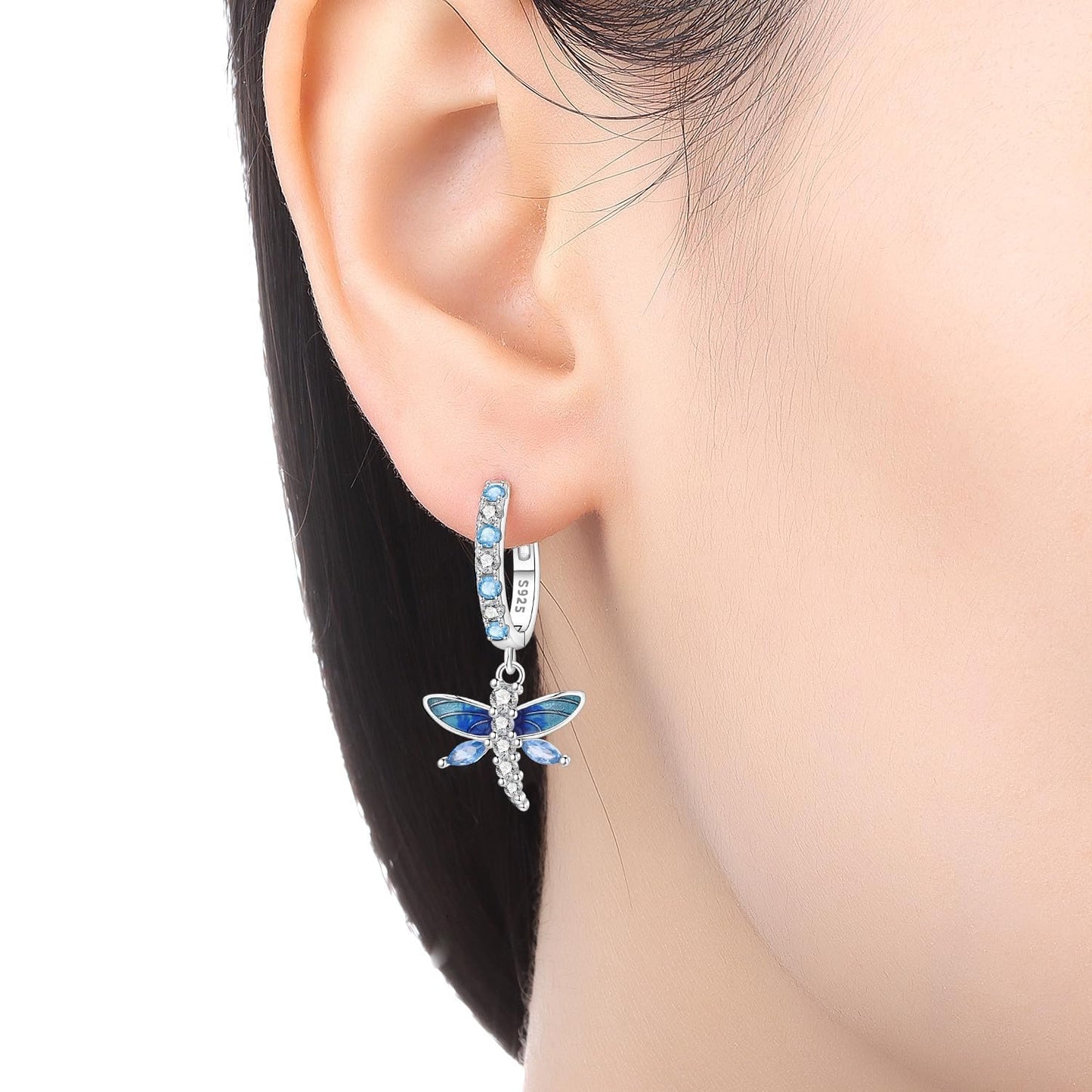 vireau 925 Sterling Silver Drop Earrings Dragonfly Flower Moon Star Dangle Earrings Hypoallergenic Sterling Silver Earrings Jewelry for Women (Blue Dragonfly)