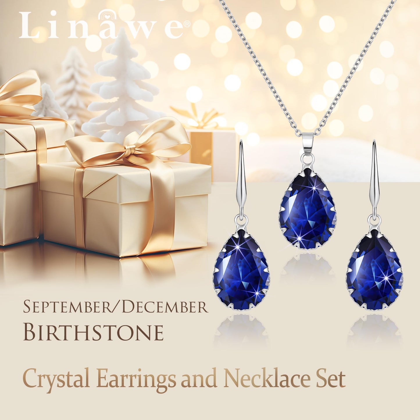 Linawe Sapphire Crystal Royal Blue Jewelry Sets Women, Silver Dangle Earrings, Imitation Diamond Pendant Necklace, Rhinestone Matching Necklace, Teardrop Cubic Zirconia Birthstone