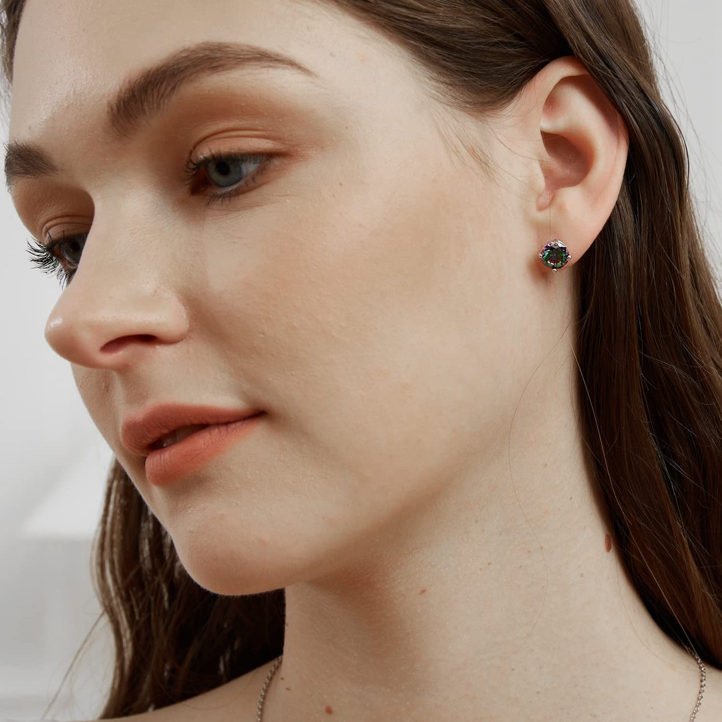 VOLUKA 18K White Gold Plated Rainbow Quartz Stud Earrings,Hypoallergenic Round Square CZ Earrings for Women Men,Daily Wear Party Wedding Jewelry Gift