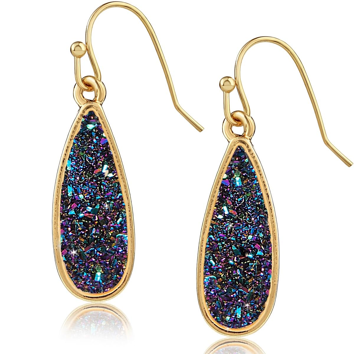 Simulated Druzy Drop Dangles - Sparkly Long Teardrop Dangly Earrings for Women, Gold Tone - Black Created Opal