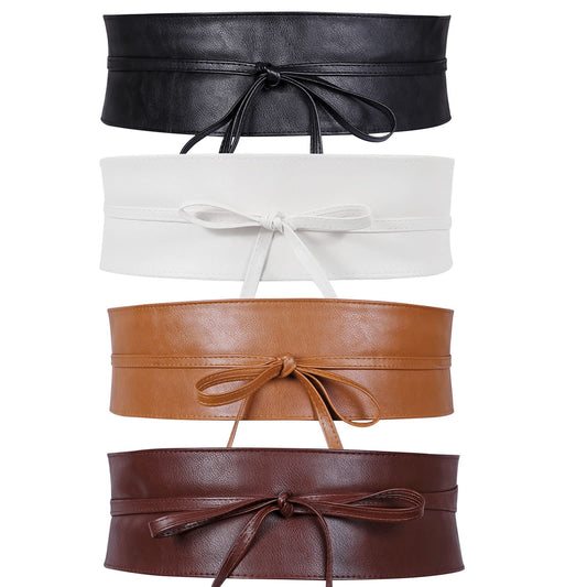 4 Pack WERFORU Women Obi Belt PU Leather Self Tie Wrap Wide Waistband Boho Belt for Costumes, Black+White+Brown+Coffee, Suit for Waist Size 25"-32"