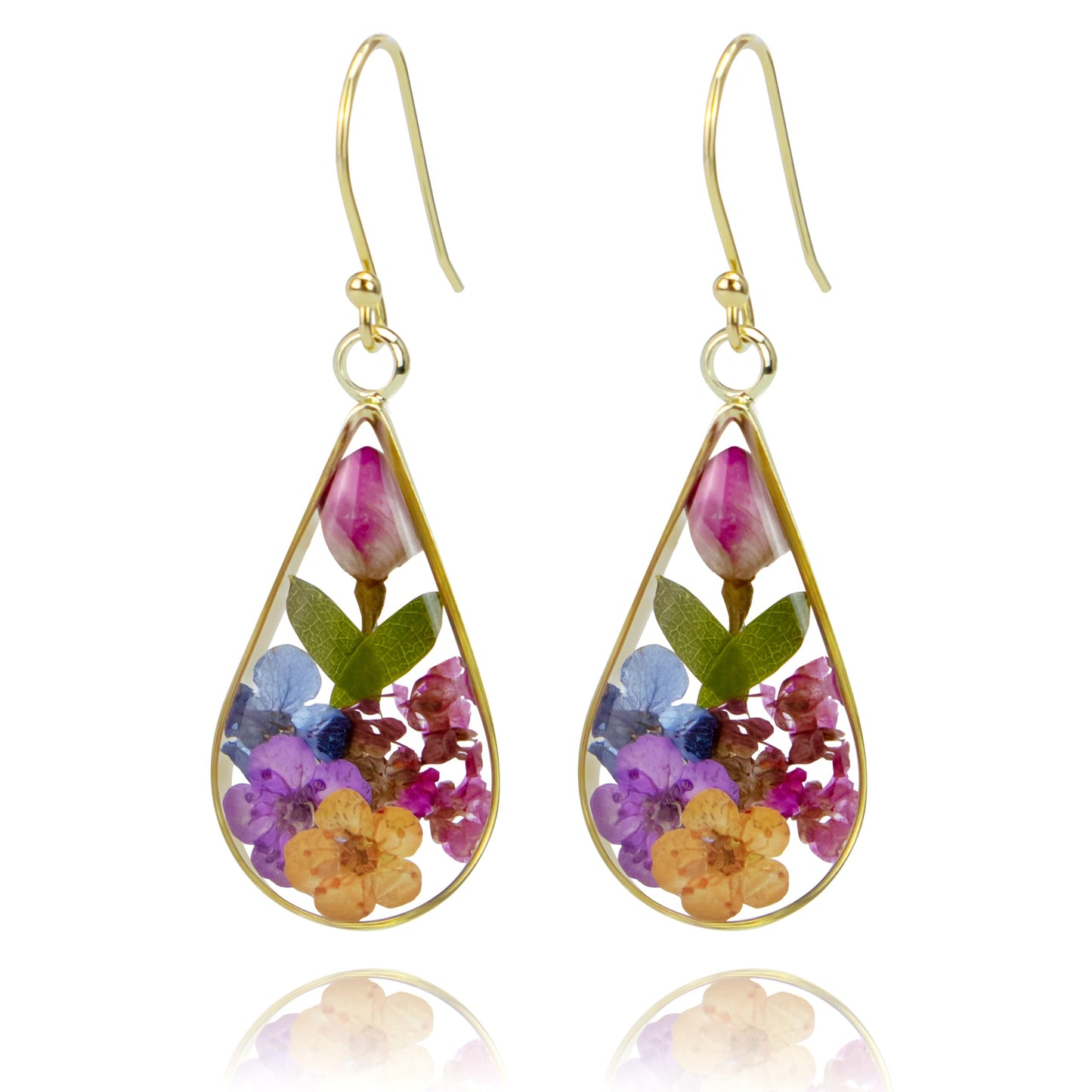 925 Sterling Silver Pressed Flower Teardrop Earrings,Hypoallergenic Women's Jewelry Gift for Mom,Handmade natural dried flower teardrop earrings Jewelry Gift (Golden Rose)