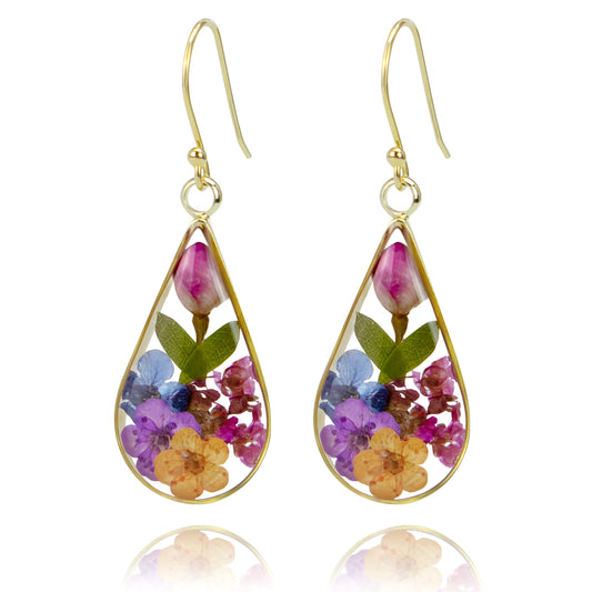 925 Sterling Silver Pressed Flower Teardrop Earrings,Hypoallergenic Women's Jewelry Gift for Mom,Handmade natural dried flower teardrop earrings Jewelry Gift (Golden Rose)