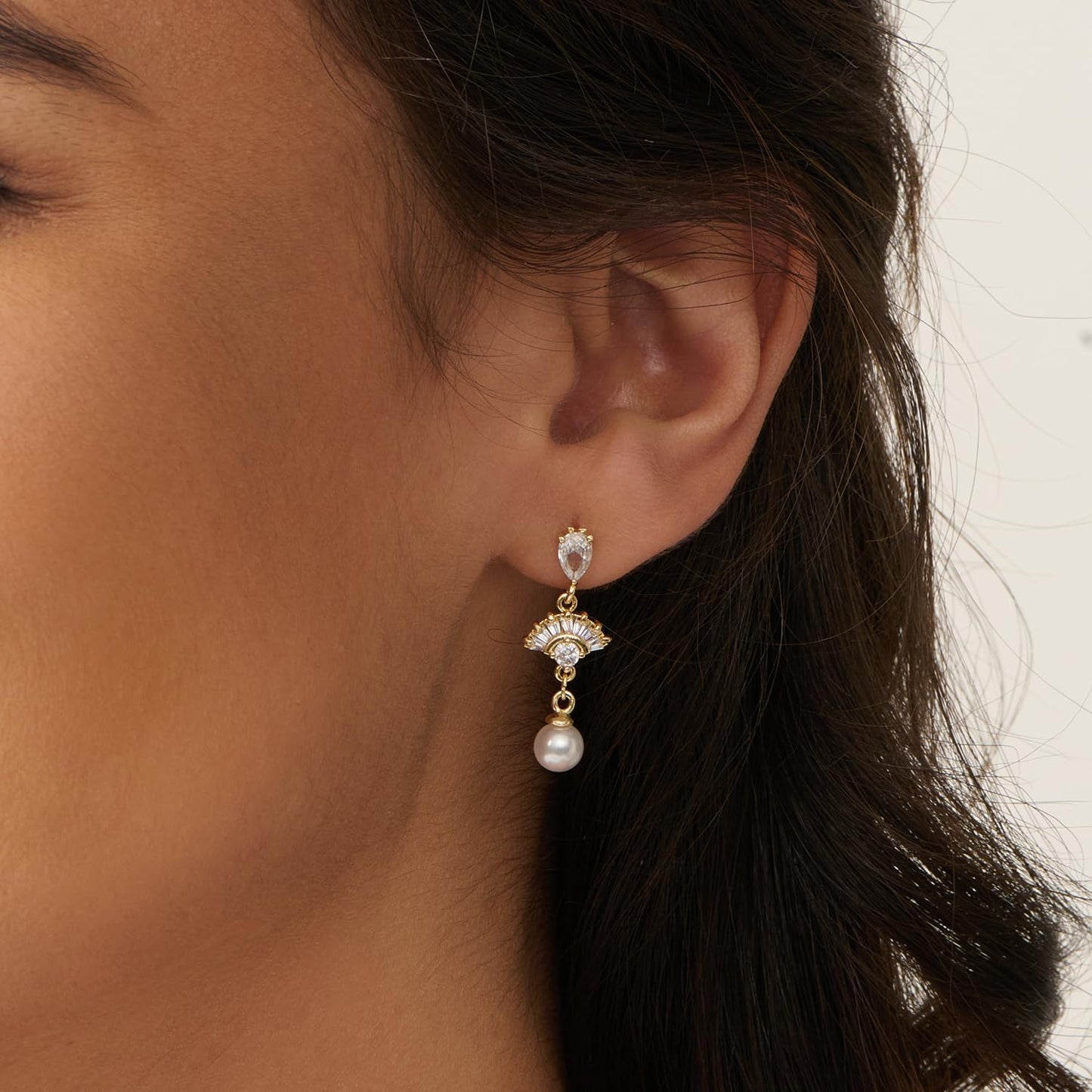 PRTGL Pearl Earrings: 14k Gold-plated Cubic Zirconia Accented Pearl Dangle Wedding Engagement Earrings For Women Bridal Bridesmaid (Fan Designed)